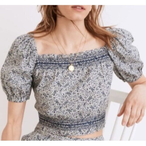 Madewell Jeannette Top Blue Floral Puff Sleeve Cropped Back Buttons XS New WOT - Picture 1 of 10